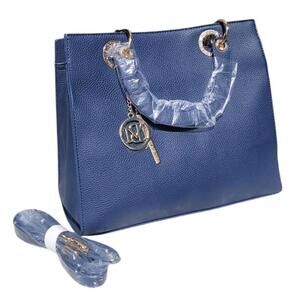 Studio Badgley Mischka Navy Tote Bag Shoulder Strap Purse Big Gold Logo Keychain